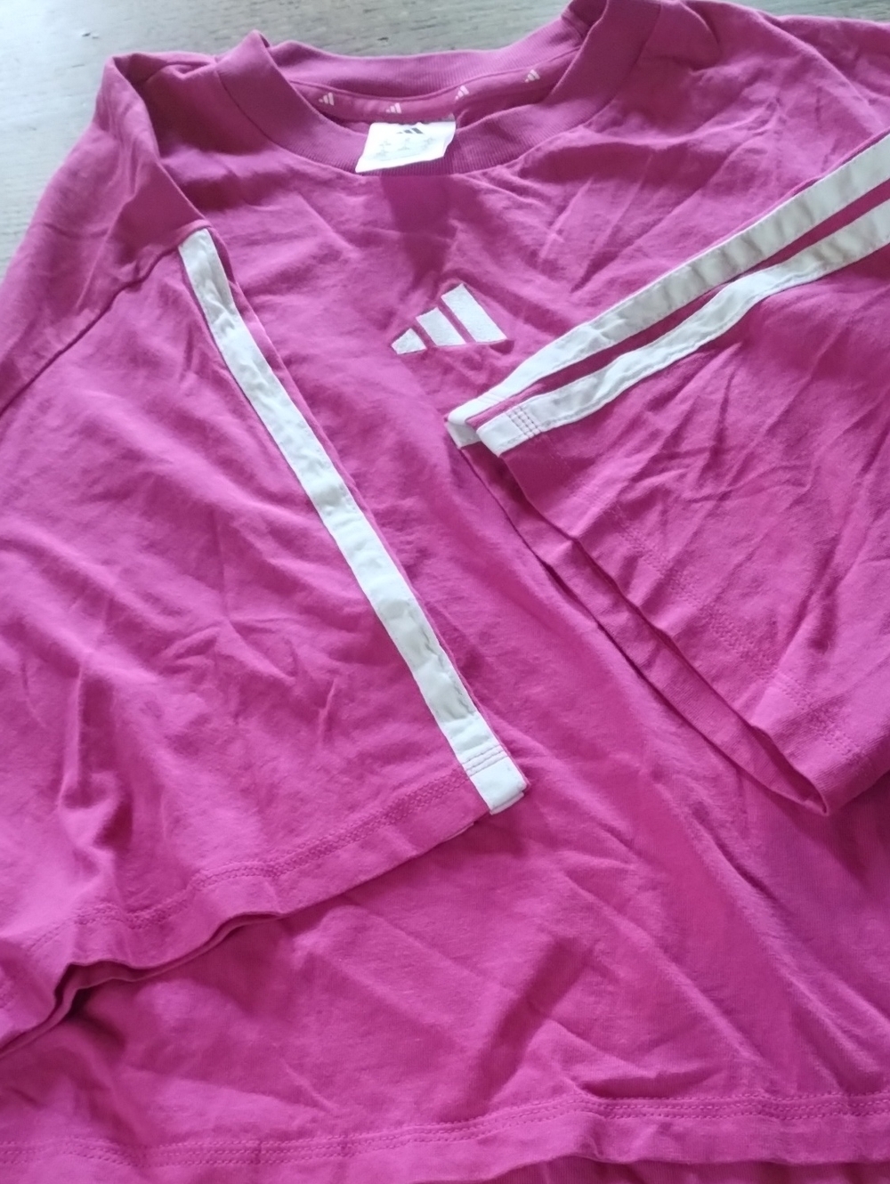adidas Women's Bright Pink Short Sleeve Athletic Tee with White Stripes